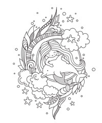 Stylized round composition with mermaid, floating with dolphin. Page for coloring book, greeting card, print, t-shirt, poster. Hand-drawn outline vector illustration.