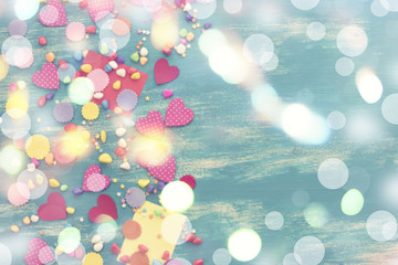 Fototapeta na wymiar Defocus Festive confetti background heart candy color saturated.