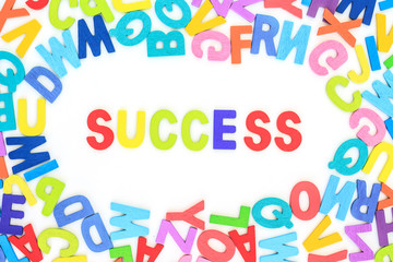 Fototapeta na wymiar success business concept alphabet letter wood pile top view on white background