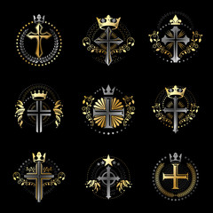 Fototapeta na wymiar Christian Crosses emblems set. Heraldic Coat of Arms decorative logos isolated vector illustrations collection.