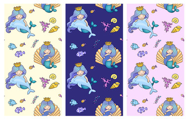 Collection of seamless pattern with cute little mermaids, dolphins, fish. Under the sea. Design for for textile, fabric, posters, decor, greeting cards, paper, clothes and wallpaper