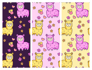 Seamless vector patterns with cute alpacas on different backgrounds. Design for fabric, wallpaper, textile, decor, postcard, paper.