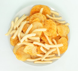 Fast food or junk food on white plate top view, No eating for good health.