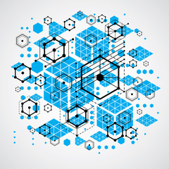 Modular Bauhaus vector background, created from simple geometric figures like hexagons, circles and lines. Best for use as advertising poster or banner design. Abstract mechanical scheme.