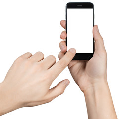 Hands holding black smartphone, isolated on white background