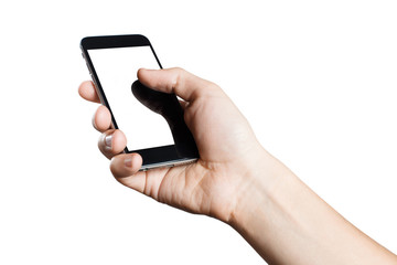 Hand holding black smartphone, isolated on white background