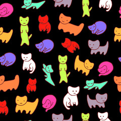 Doodle kittens seamless pattern with black background. Hand drawn sketch cats. Vector illustration