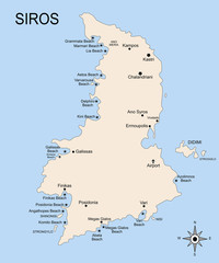 The geography map of Syros island, in the archipelago of the Cyclades islands. There is indicated the position of towns and beaches.