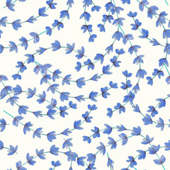 Watercolor floral seamless pattern with blue flowers, branches, leaves on white