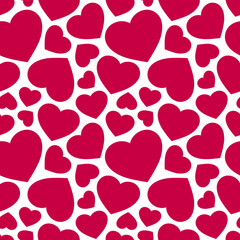 Love theme seamless pattern with red hearts. Valentine's day background. Vector abstract texture with different scattered hearts on white. Elegant design for decoration, gift paper. Love pattern