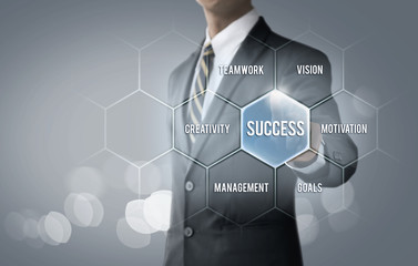 Key to success concept for business and finance. Businessman is pointing on the hexagon message bubble which the word &lsquo;success&rsquo; on bright tone background.