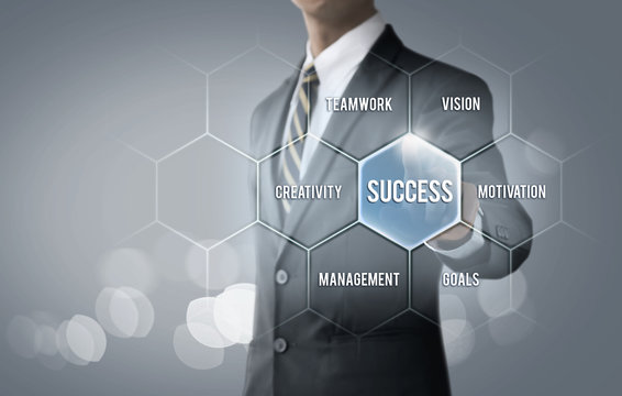 Key to success concept for business and finance. Businessman is pointing on the hexagon message bubble which the word ‘success’ on bright tone background.