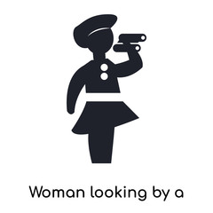 Woman looking by a spyglass icon vector sign and symbol isolated on white background, Woman looking by a spyglass logo concept