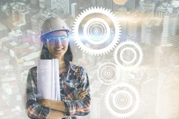 Double exposure of  portrait of Asian engineer women and construction site