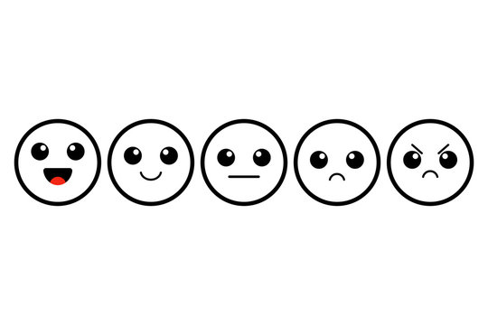 Set of kawai emoji. Emoticons. Cute outline faces. Rating. Customer feedback. Vector illustration