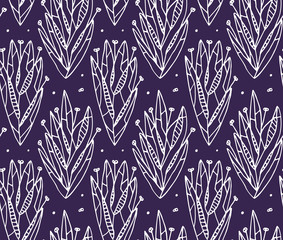 Abstract floral seamless pattern background. Hand-drawn shapes of leaves, flowers, plant parts composition