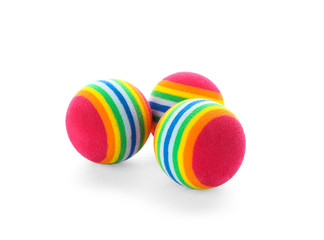 Colorful balls for cat on white background. Pet toys