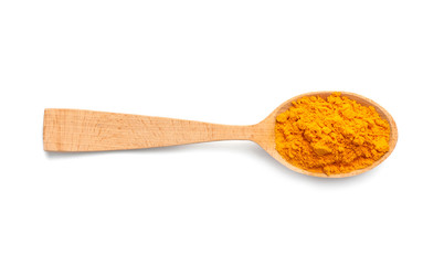 Wooden spoon with turmeric powder on white background. Different spices