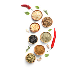 Composition with different spices on white background