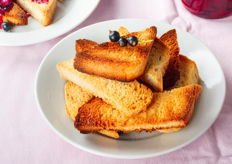 Delicious toasts bread with homemade currant jam  on bright  tablecloth