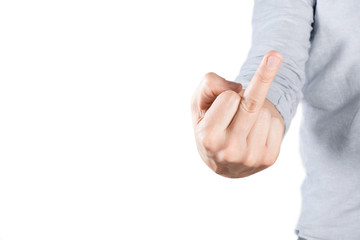 Hand showing rude sign, isolated on white background