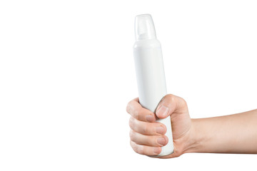 Hand holding big white flacon, isolated on white background