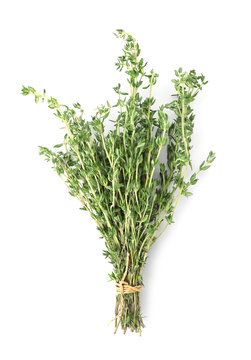 Bunch of thyme on white background, top view. Fresh herb