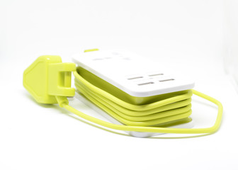 4 port usb charger and 3 pin plug connection ideal for traveller on white background.