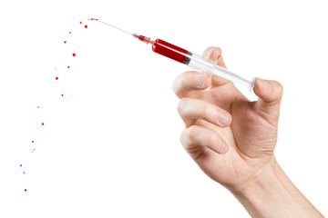 Hand holding a syringe with blood, isolated on white background