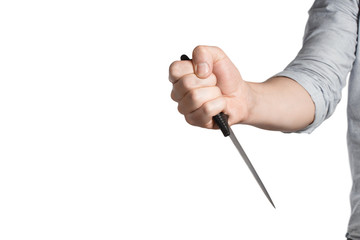 Hand holding big knife, isolated on white background