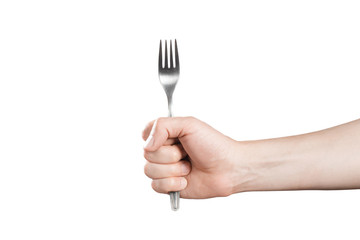 Hand holding a fork, isolated on white background