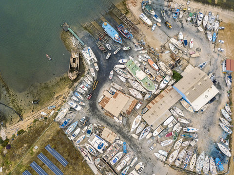 Aerial view of dry docks and shipyard in Olhao, Portugal