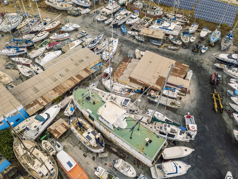 Aerial view of dry docks and shipyard in Olhao, Portugal