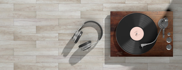 Headphones and vinyl LP record player on wooden background, banner, copy space. 3d illustration