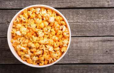 Yellow cheese popcorn in bowl