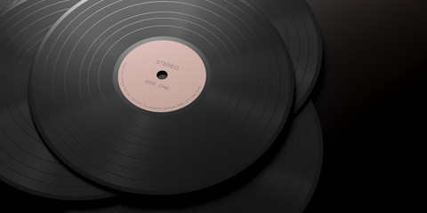 Vinyl records LP on black background, copy space. 3d illustration