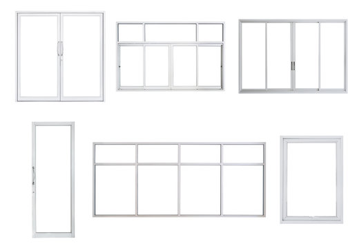 Fototapeta Real modern windows set isolated on white background, various office frontstore frames collection for design, exterior building aluminium facade element