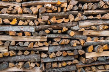 Preparation of firewood for the winter. firewood background, Stacks of firewood in the forest. Pile of firewood