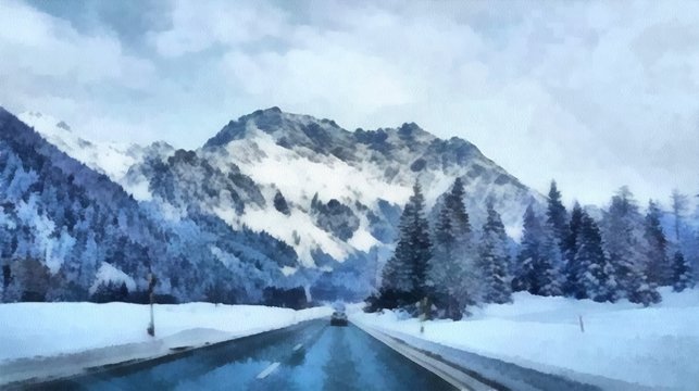 Oil painting. Art print for wall decor. Acrylic artwork. Big size poster. Watercolor drawing. Modern style fine art. Winter snow mountain landscape.