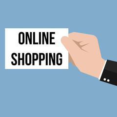 Man showing paper ONLINE SHOPPING text