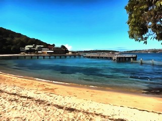 Oil painting. Art print for wall decor. Acrylic artwork. Big size poster. Watercolor drawing. Modern style fine art. Beautiful summer landscape.  Sea jetty.