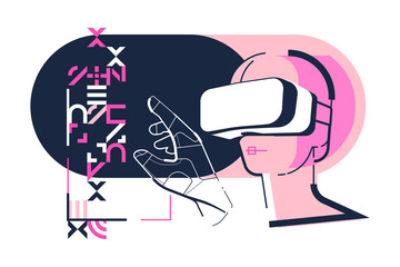 virtual reality, man working in virtual glasses and gloves, black and pink color