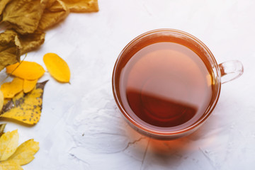 Breakfast tea on table in sunny autumn day. Top view with copy space