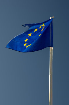 Niebieska flaga z ż&oacute;łtymi gwiazdami, Unia Europejska. Ujęcie pionowe. 