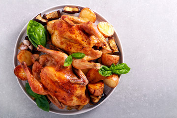 Roast chickens with roast vegetables