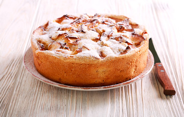 Apple cake with icing sugar on top, served
