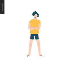 Bright people portraits - young man, hand drawn flat style vector doodle design illustration of a serious young man standing with his arms crossed, concept illustration