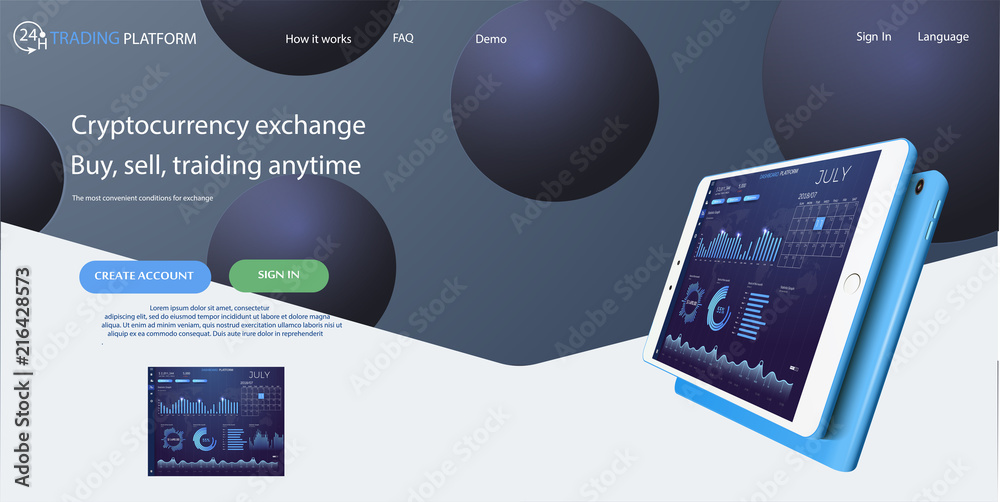 Aufkleber web site template. forex market, news and analysis. binary option. application screen for trading. c