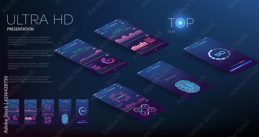 Wall mural mobile app infographic template with modern design weekly and annual statistics graphs. pie charts, 