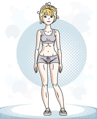 Young beautiful blonde sporty woman standing. Vector character wearing shorts. Sport and fitness theme.